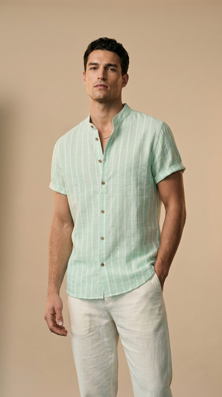 Men’s Linen Cotton Short Sleeve Stand Collar Shirt