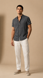 Men’s Linen Cotton Short Sleeve Stand Collar Shirt
