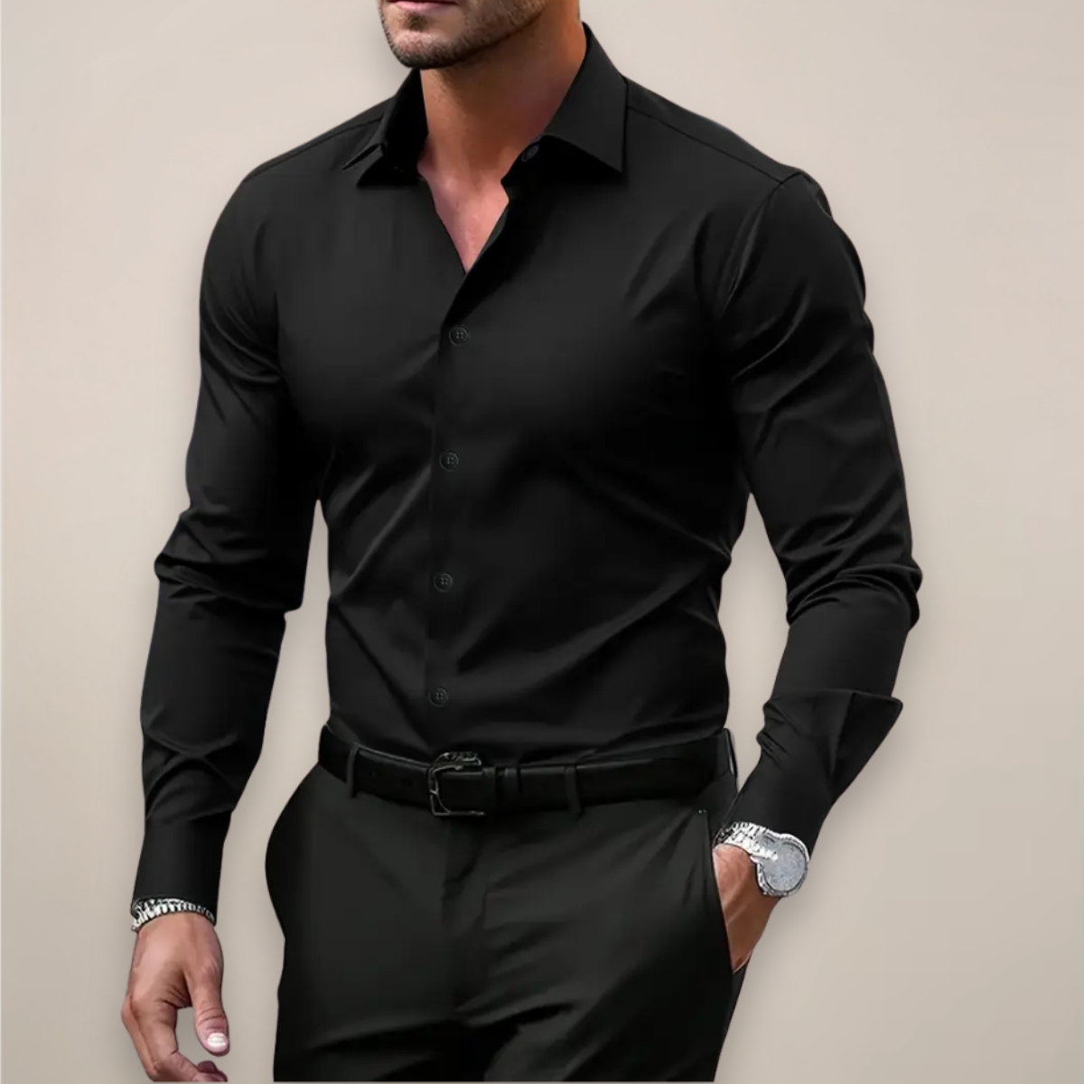 Men’s Long Sleeve Notched Collar Button Front Shirt