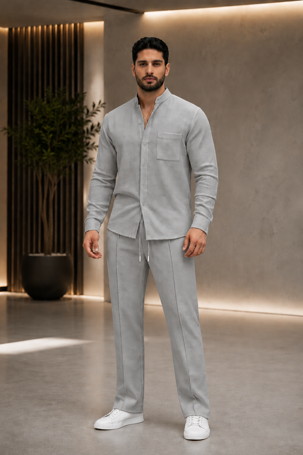 Men's Long Sleeve Shirt and Drawstring Trouser Set