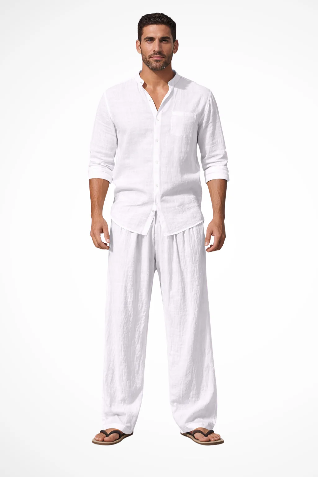 Men's Mandarin Collar Shirt and Wide-Leg Trouser Set
