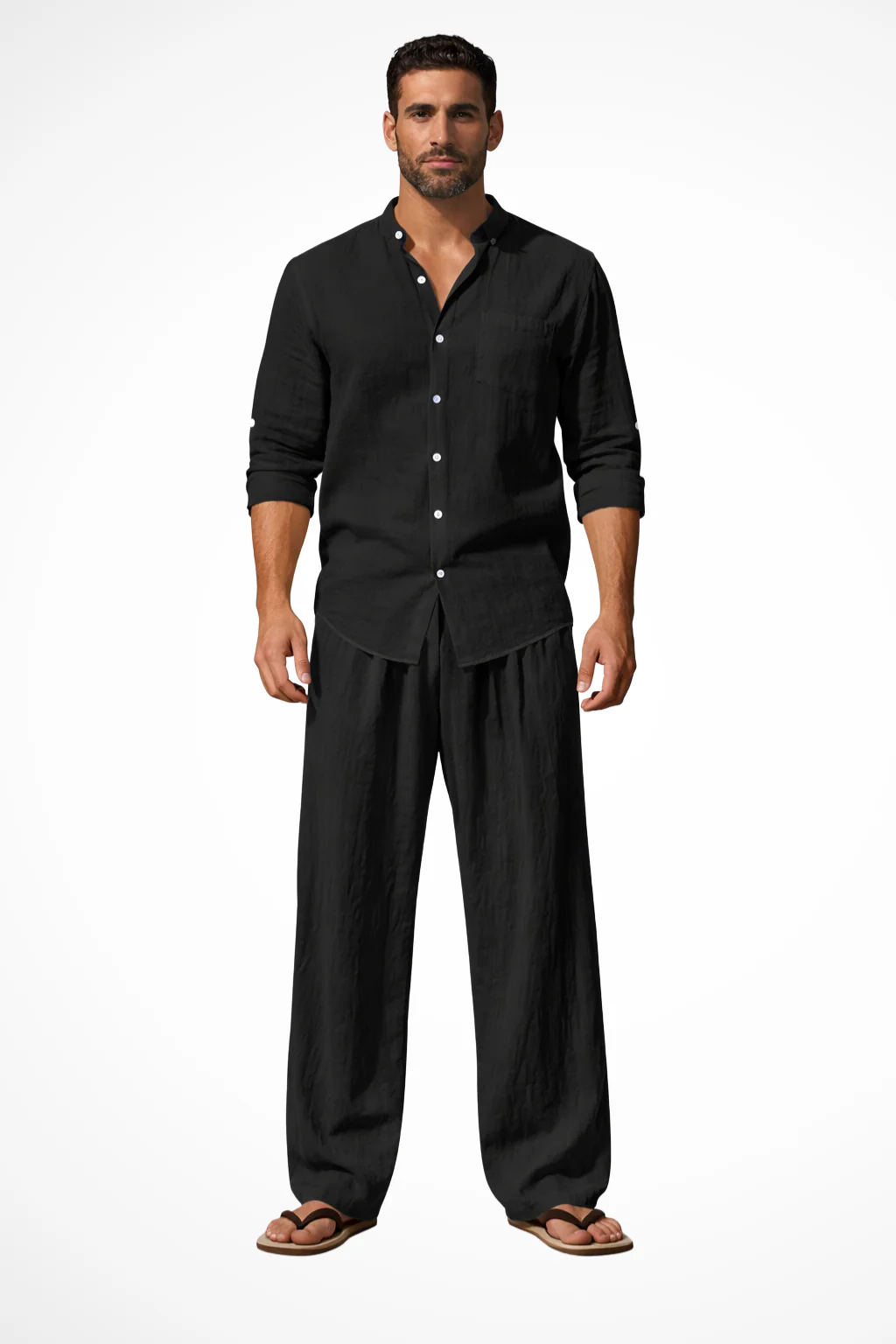 Men's Mandarin Collar Shirt and Wide-Leg Trouser Set
