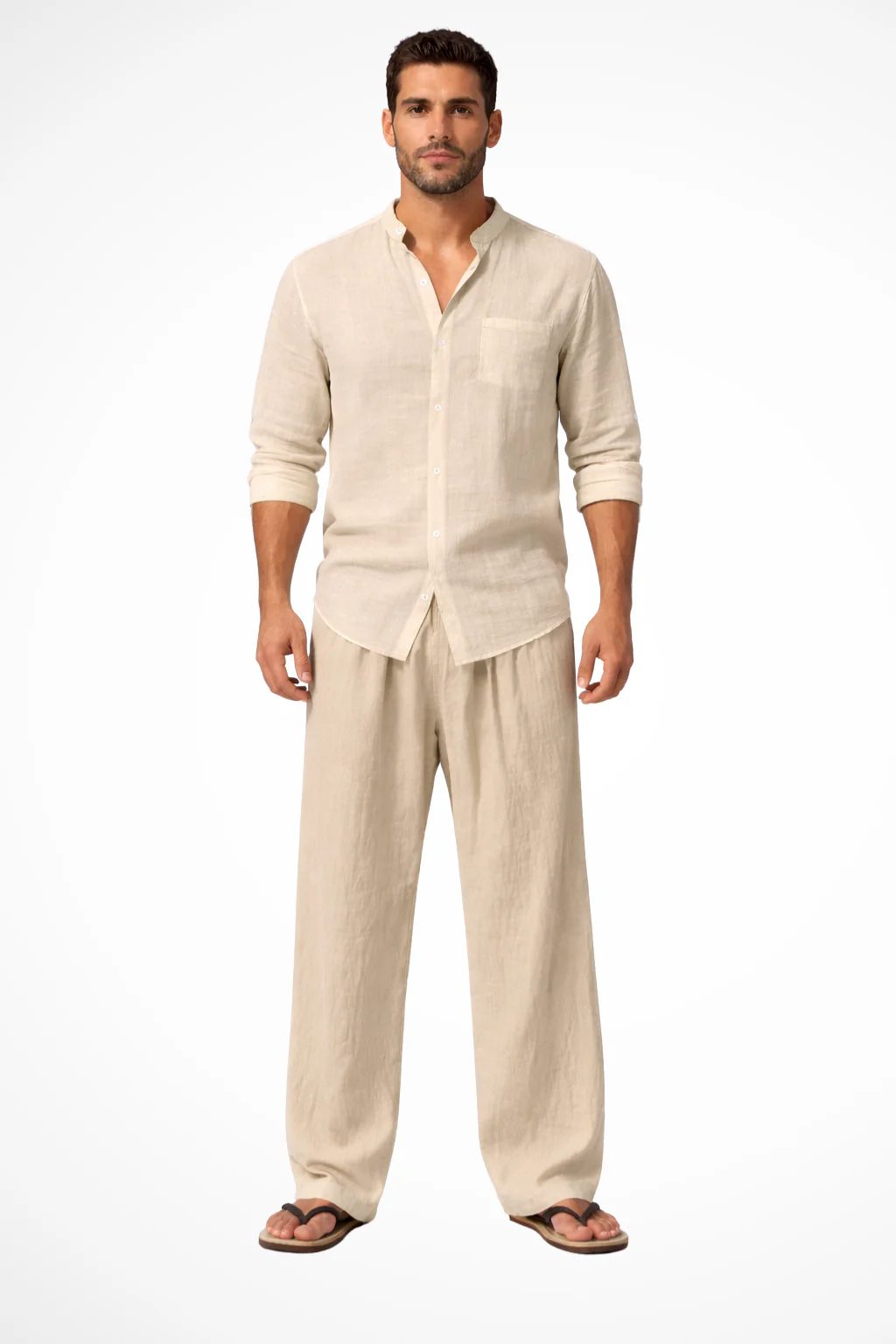 Men's Mandarin Collar Shirt and Wide-Leg Trouser Set