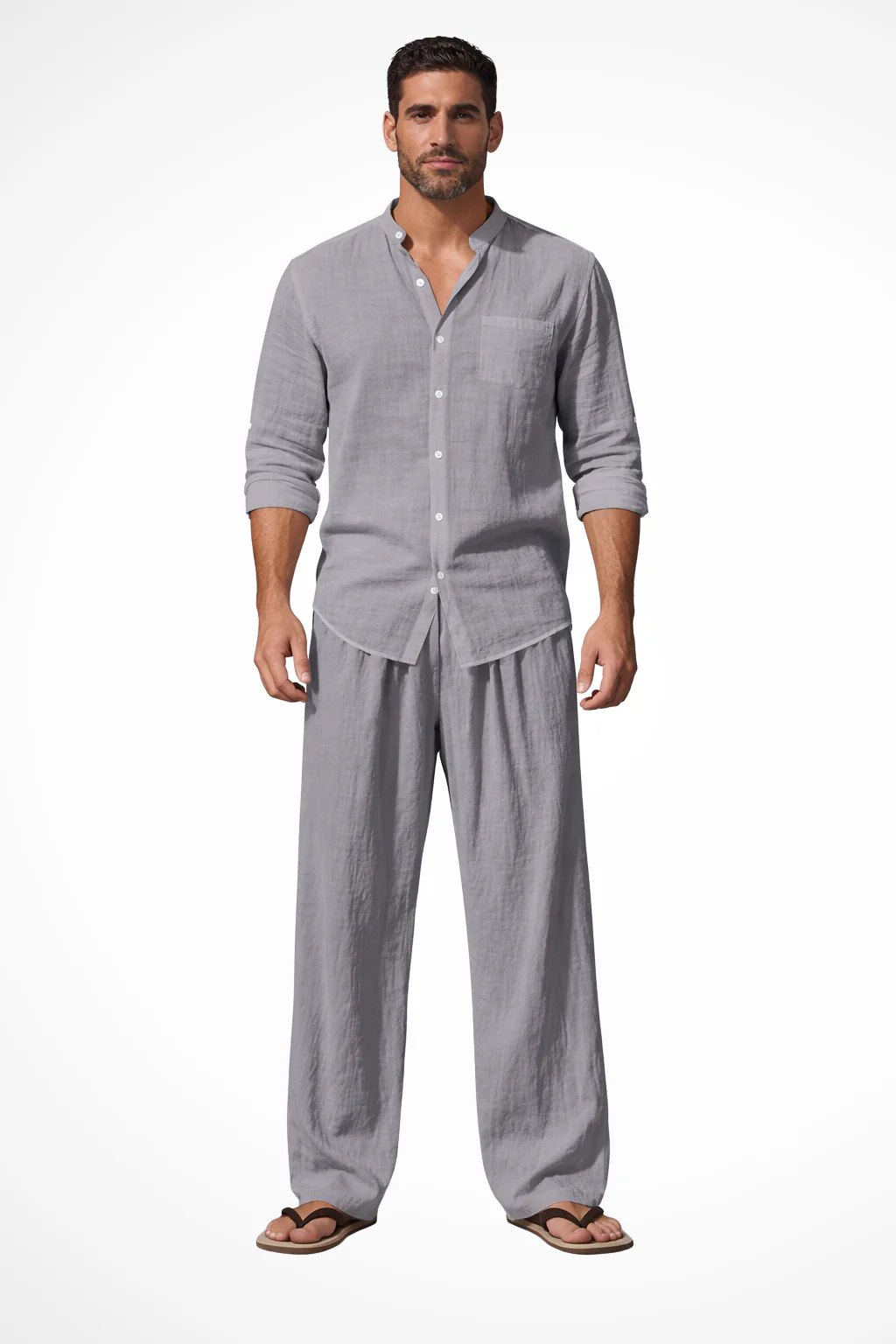Men's Mandarin Collar Shirt and Wide-Leg Trouser Set