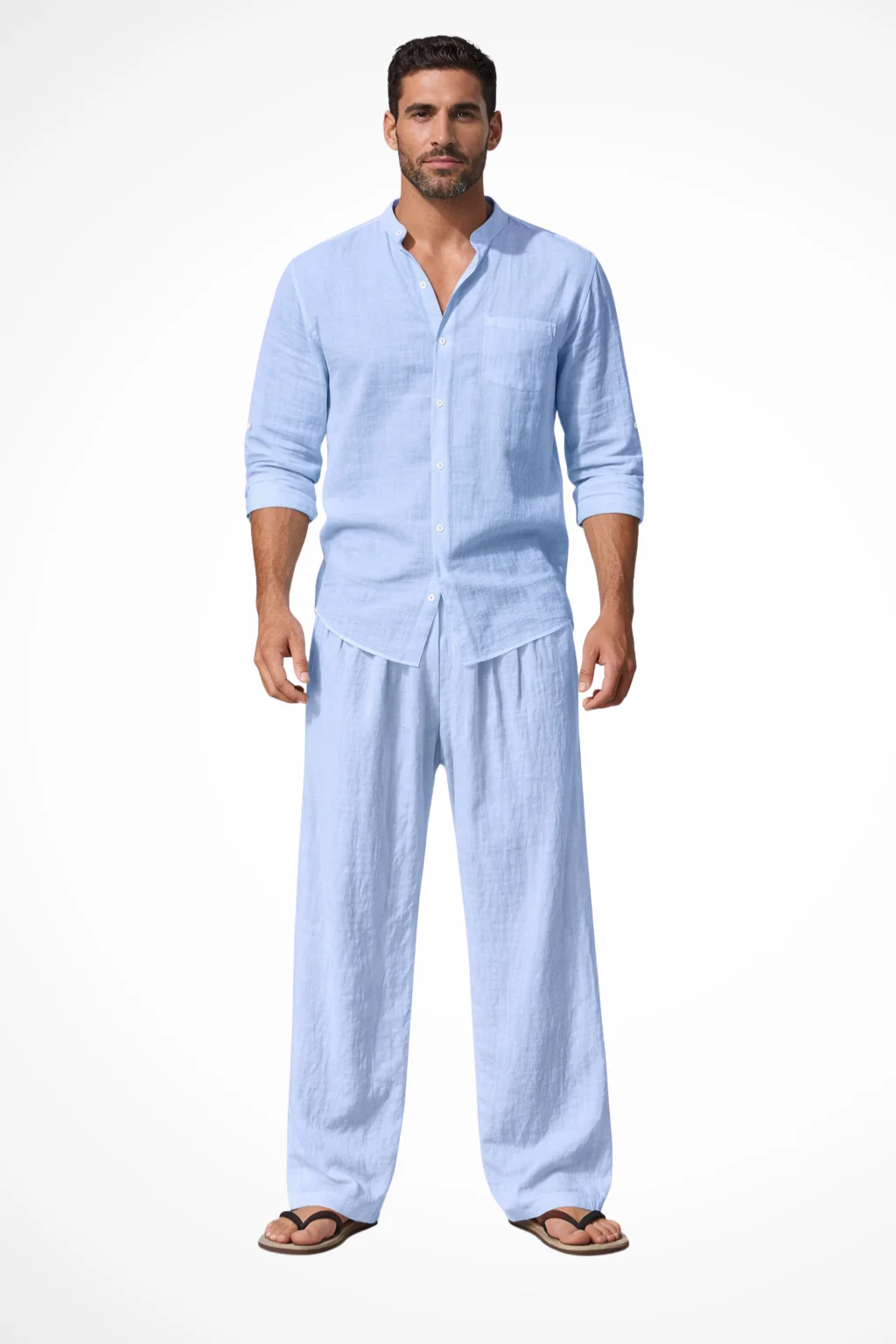 Men's Mandarin Collar Shirt and Wide-Leg Trouser Set