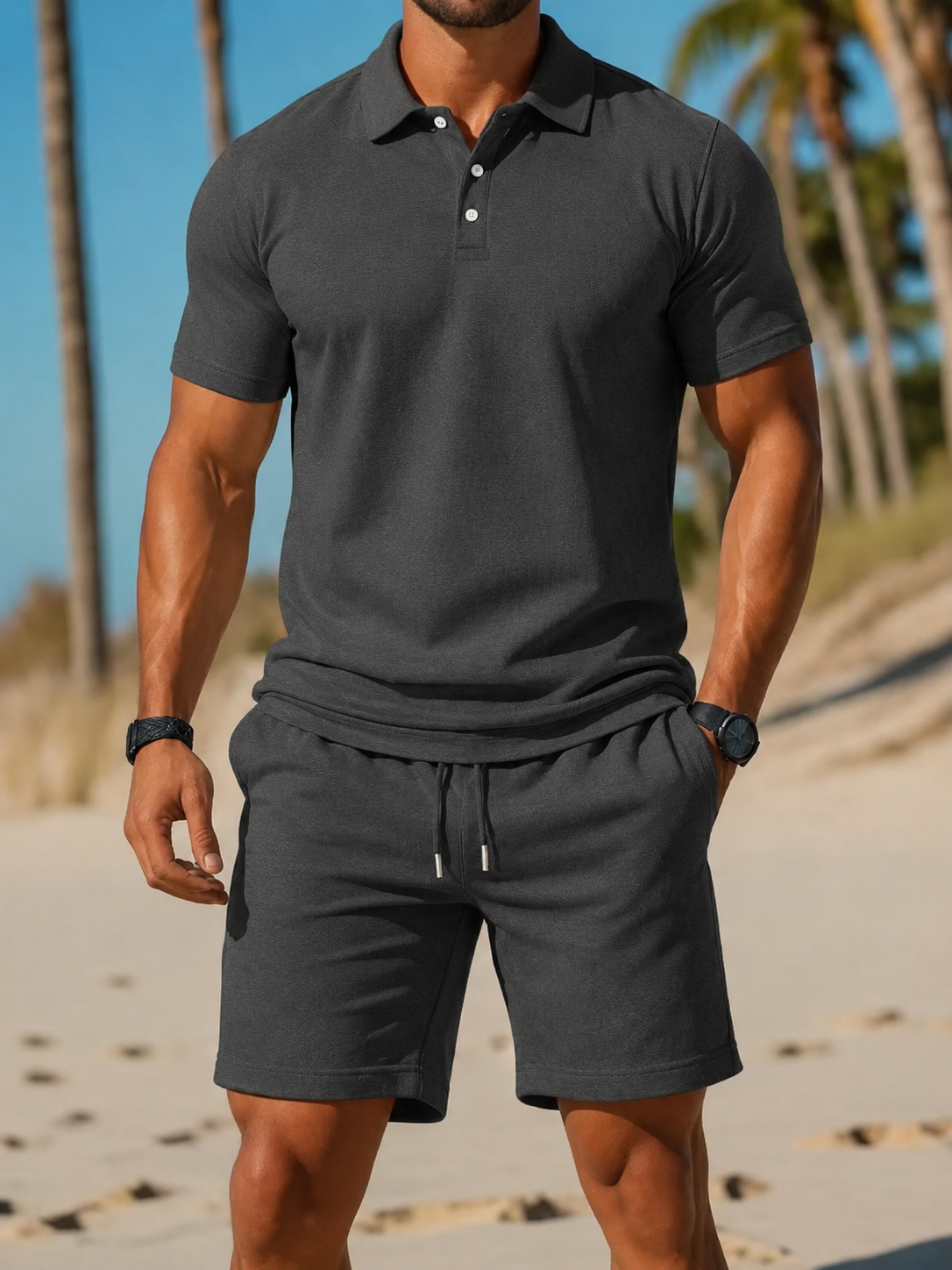 Men's Polo Shirt and Drawstring Shorts Set