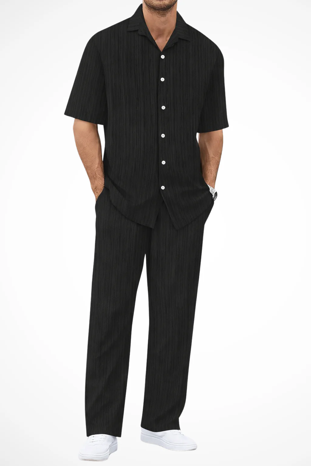 Men's Two-Piece Set with Vertical Ribbed Texture