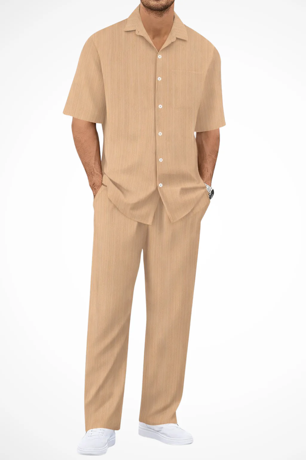 Men's Two-Piece Set with Vertical Ribbed Texture