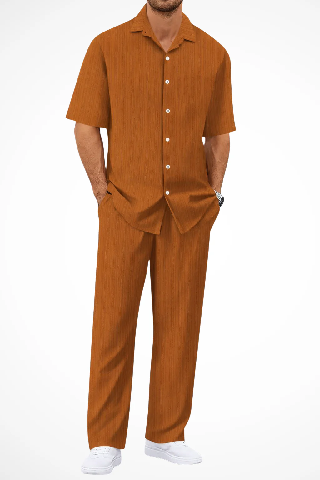 Men's Two-Piece Set with Vertical Ribbed Texture