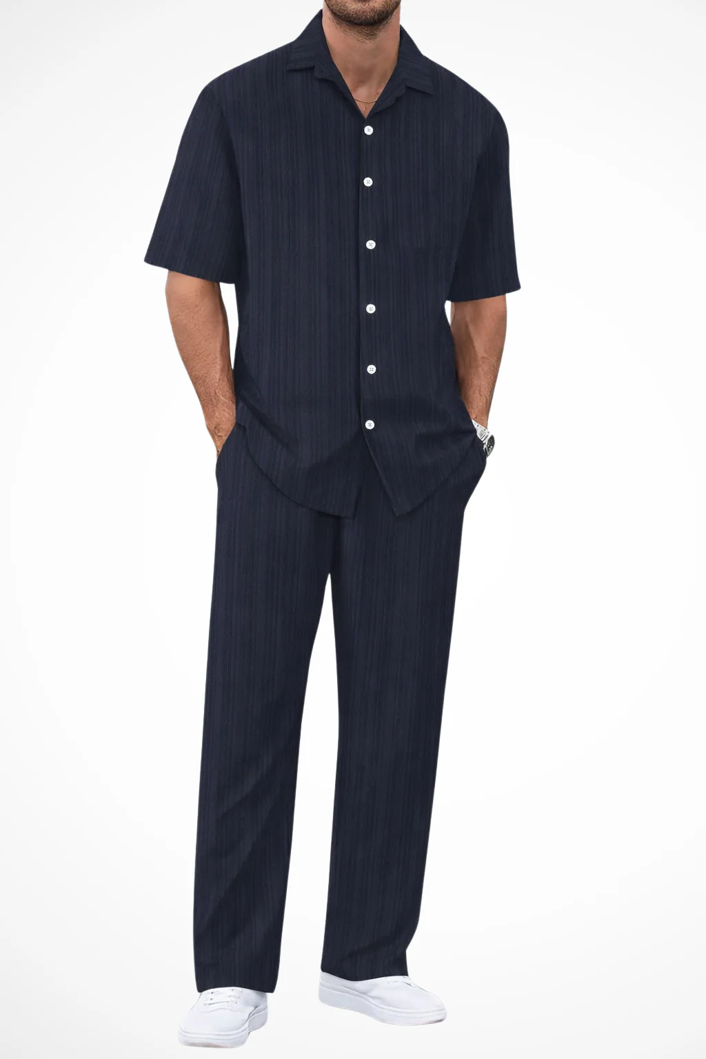 Men's Two-Piece Set with Vertical Ribbed Texture