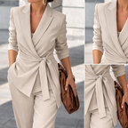 Womens V Neck Waist Tie Wrap Blazer Wide Leg Two Piece Suit