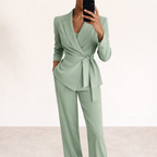 Womens V Neck Waist Tie Wrap Blazer Wide Leg Two Piece Suit