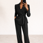 Womens V Neck Waist Tie Wrap Blazer Wide Leg Two Piece Suit