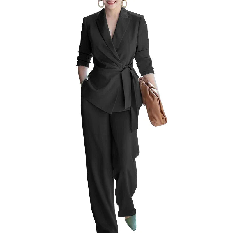 Womens V Neck Waist Tie Wrap Blazer Wide Leg Two Piece Suit