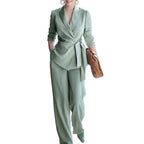 Womens V Neck Waist Tie Wrap Blazer Wide Leg Two Piece Suit
