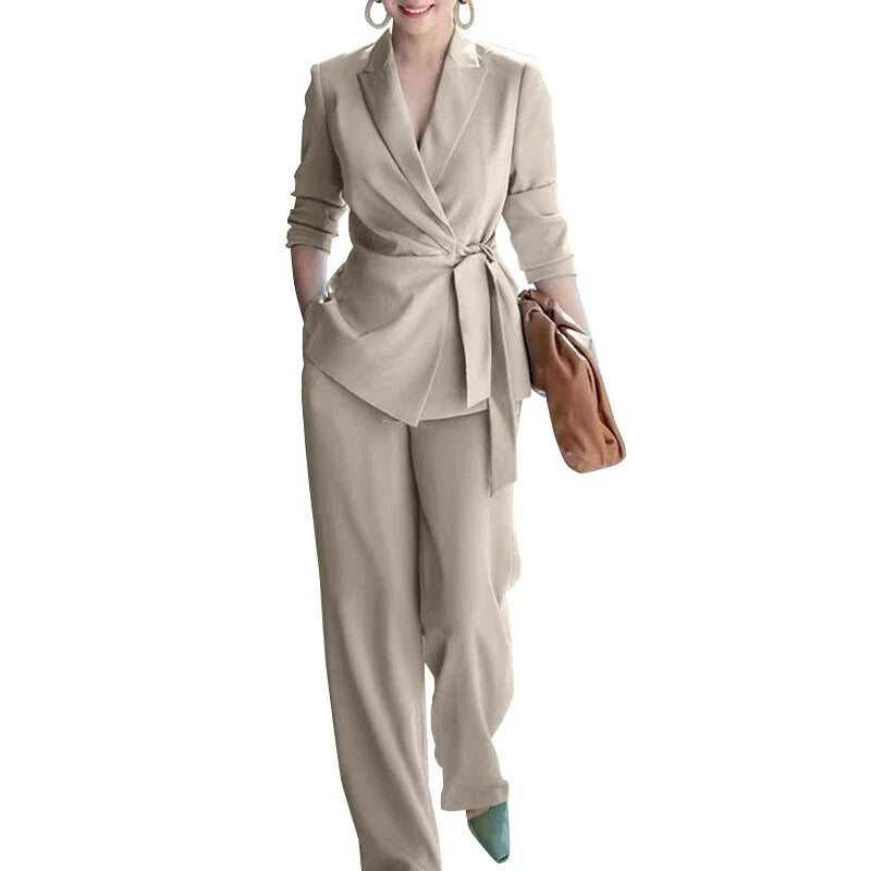Womens V Neck Waist Tie Wrap Blazer Wide Leg Two Piece Suit