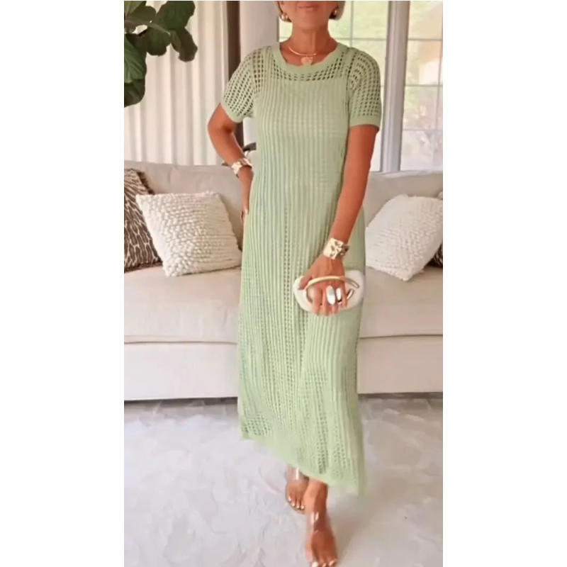 Womens Cut-Out Mesh Maxi Dress with Short Sleeves and Slip Lining