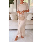 Womens Cut-Out Mesh Maxi Dress with Short Sleeves and Slip Lining