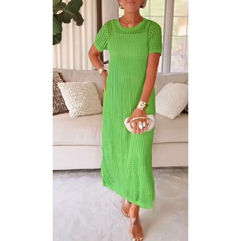 Womens Cut-Out Mesh Maxi Dress with Short Sleeves and Slip Lining