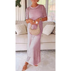 Womens Cut-Out Mesh Maxi Dress with Short Sleeves and Slip Lining