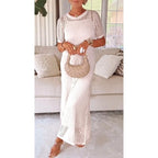 Womens Cut-Out Mesh Maxi Dress with Short Sleeves and Slip Lining