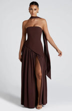 Women's Corset Maxi Dress with Thigh Split and Scarf Detail