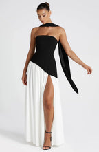 Women's Corset Maxi Dress with Thigh Split and Scarf Detail