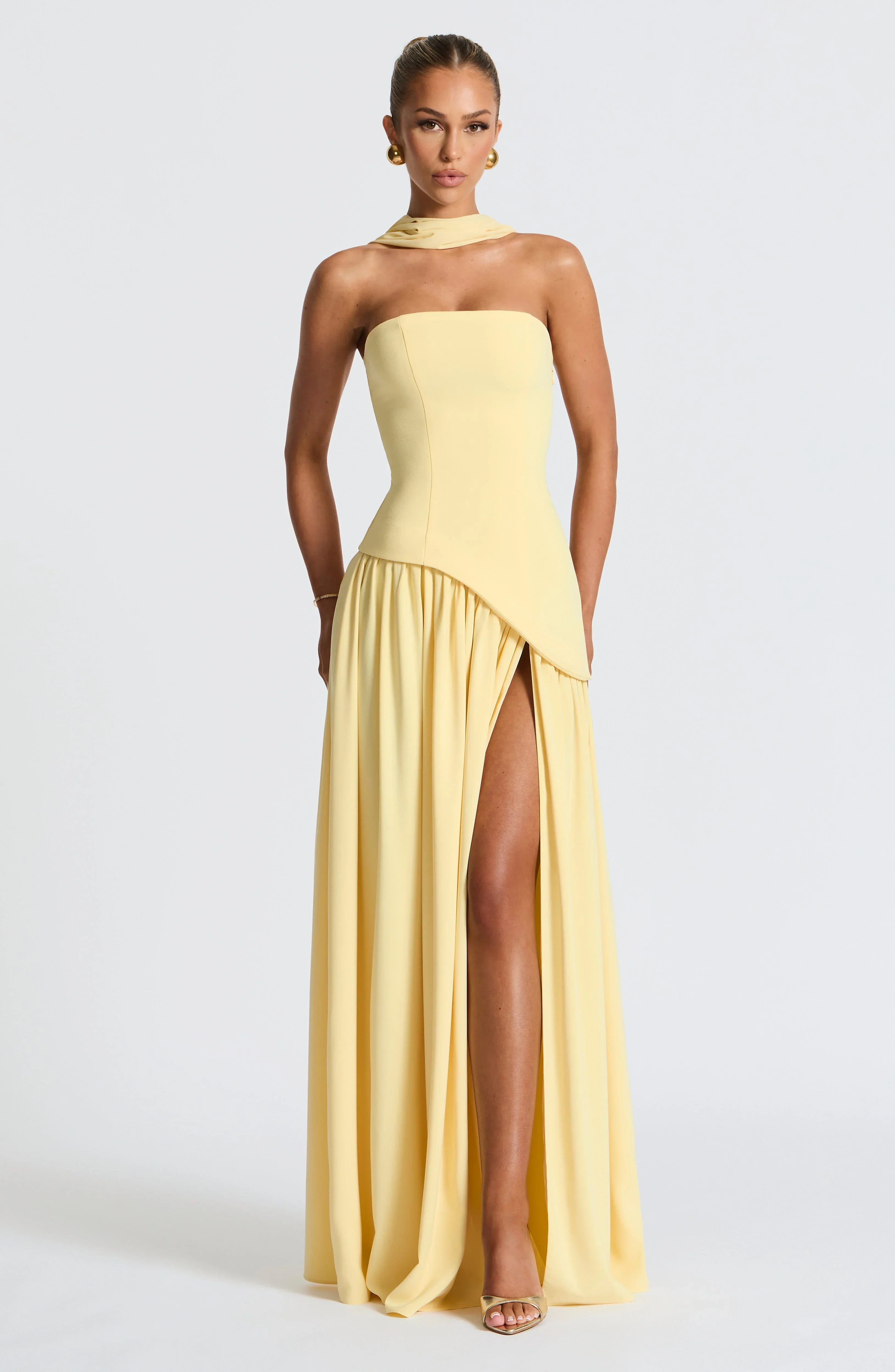 Women's Corset Maxi Dress with Thigh Split and Scarf Detail