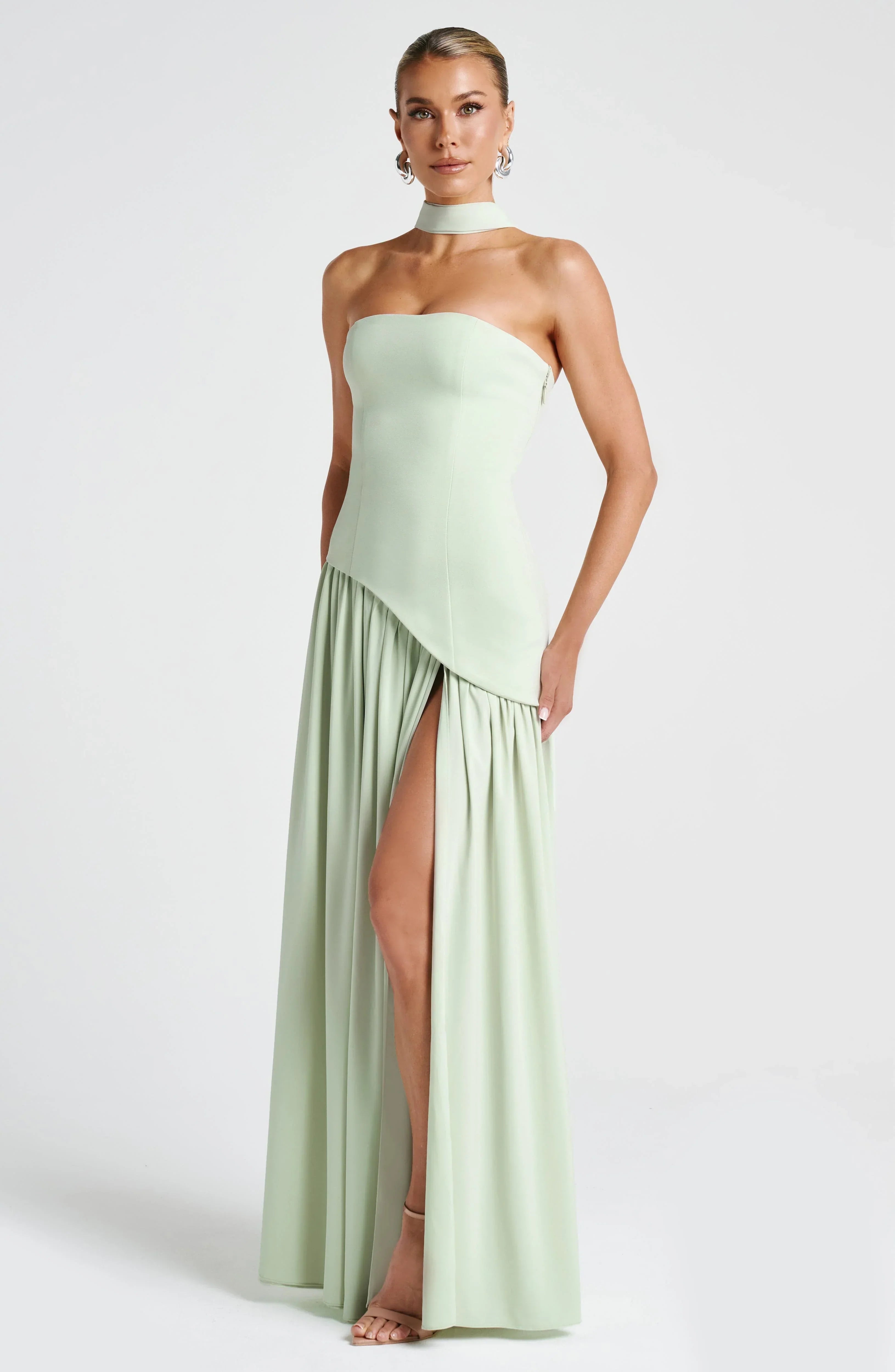 Women's Corset Maxi Dress with Thigh Split and Scarf Detail