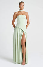 Women's Corset Maxi Dress with Thigh Split and Scarf Detail