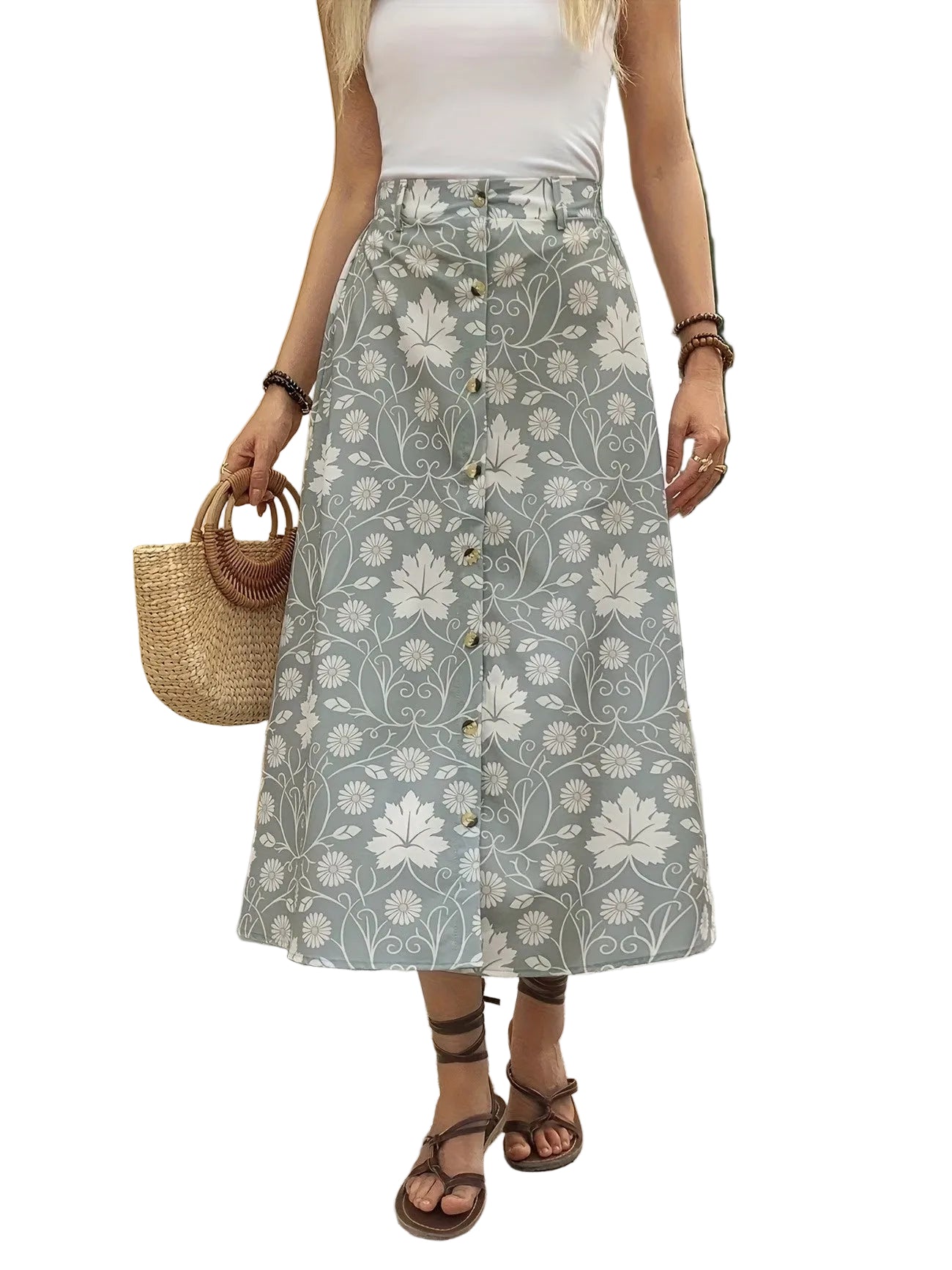 Women’s Buttoned Midi Skirt with Botanical Print
