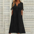 Womens V Neck Eyelet Pattern Short Sleeve Midi Dress