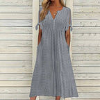 Womens V Neck Eyelet Pattern Short Sleeve Midi Dress