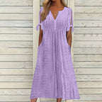Womens V Neck Eyelet Pattern Short Sleeve Midi Dress