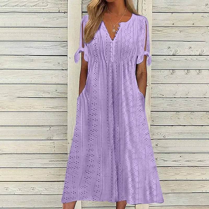 Womens V Neck Eyelet Pattern Short Sleeve Midi Dress