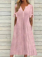 Womens V Neck Eyelet Pattern Short Sleeve Midi Dress