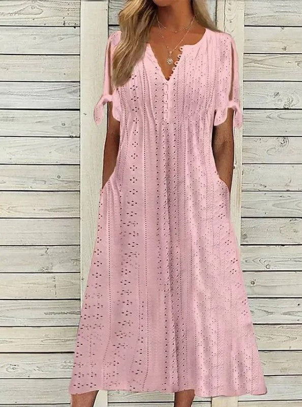 Womens V Neck Eyelet Pattern Short Sleeve Midi Dress