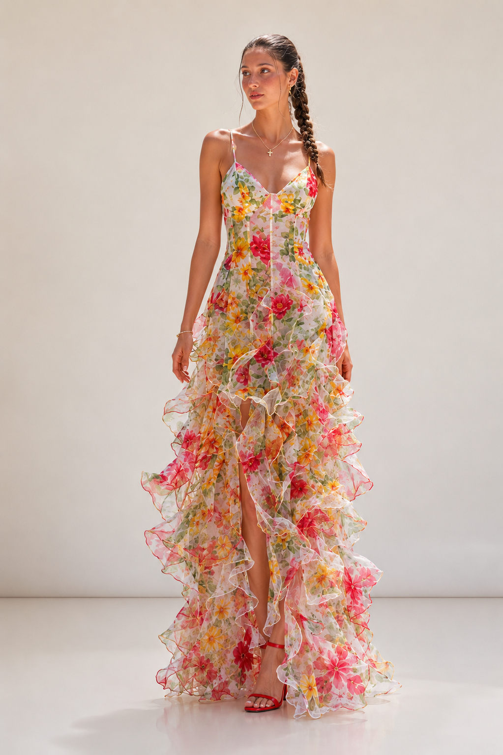 Women's Floral Maxi Dress with Ruffle Details