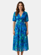 Womens Floral Midi Dress with V-Neck and Puff Sleeves