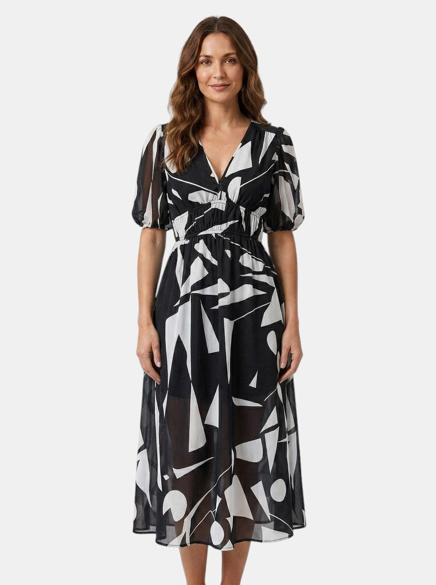 Womens Floral Midi Dress with V-Neck and Puff Sleeves
