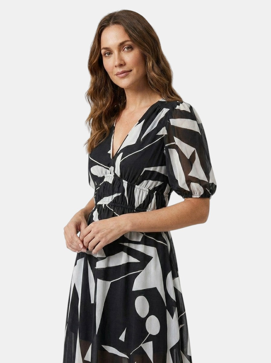 Womens Floral Midi Dress with V-Neck and Puff Sleeves
