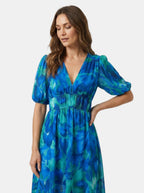 Womens Floral Midi Dress with V-Neck and Puff Sleeves