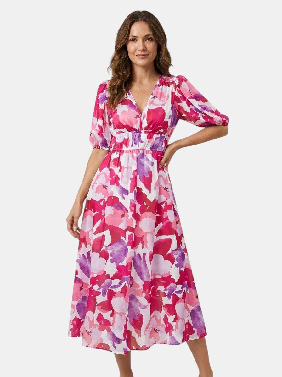 Womens Floral Midi Dress with V-Neck and Puff Sleeves