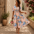 Women’s Floral Midi Dress with Smocked Waist