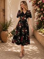 Women’s Floral Midi Dress with Smocked Waist