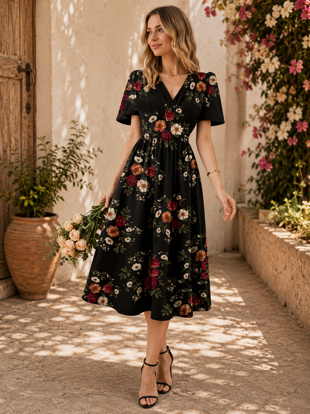 Women’s Floral Midi Dress with Smocked Waist