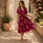 Women’s Floral Midi Dress with Smocked Waist
