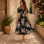Women’s Floral Midi Dress with Smocked Waist
