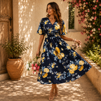 Women’s Floral Midi Dress with Smocked Waist