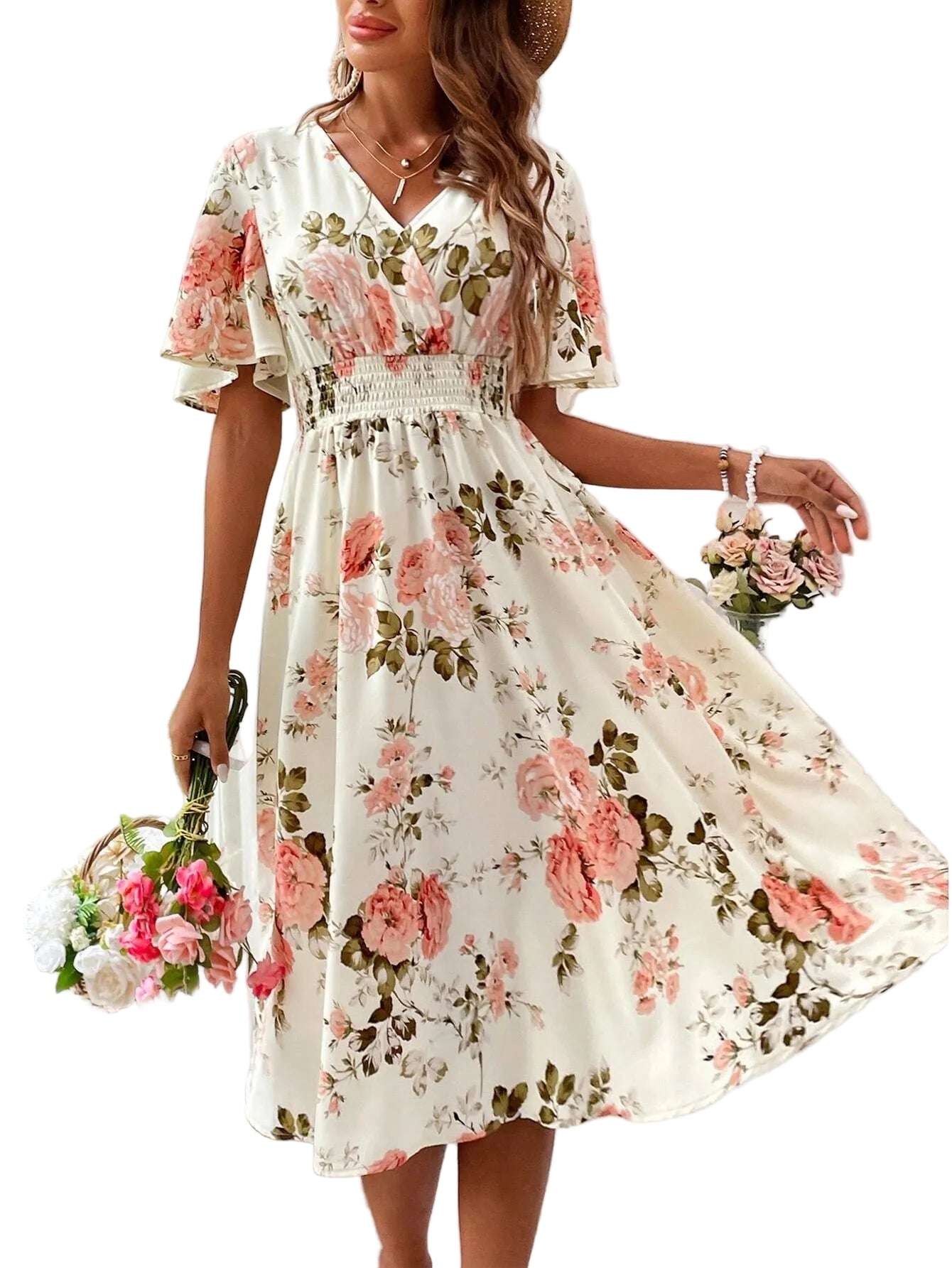 Women's Floral Midi Dress with Smocked Waist